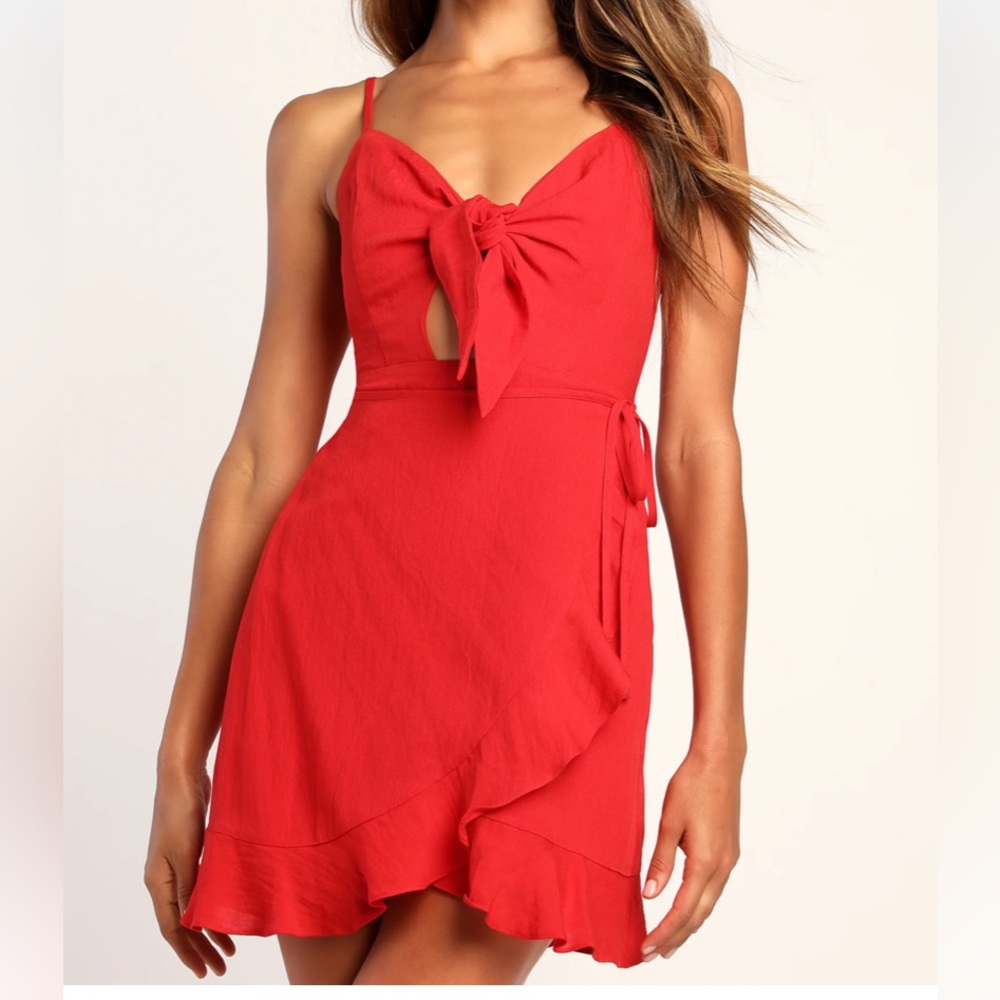 Lulus Red Ruffled Tie-Front Faux-Wrap Mini Dress